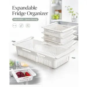 Expandable Refrigerator Storage Basket, White Adjustable Fridge Organizer Rack and Home Storage Box for Refrigerator, Living Room, Kitchen, Pantry, Cabinet, Countertop, Snacks, Fruits, Vegetables, Drinks and Small Item Organization