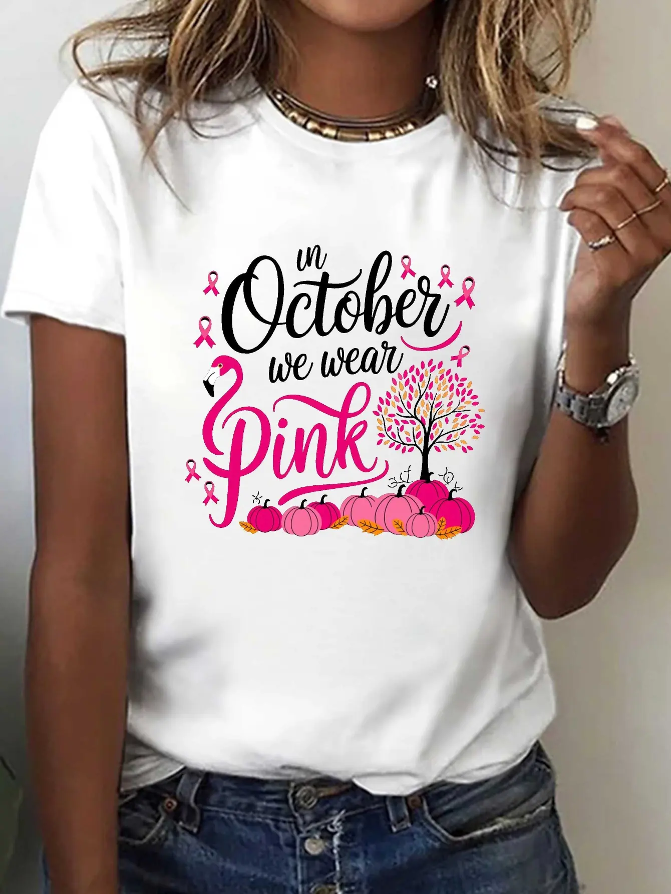 Women's October Pink Flamingo Awareness T-Shirt - unisex soft cotton short sleeve t shirt, vintage graphic casual tee for men women teens, perfect birthday holiday gift for camping travel gym daily street casual wear