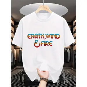 Men's Plus Size Earth Wind Fire Retro Pattern T-Shirt - Black 70s/80s Music Band Design, Breathable Short Sleeve Casual Shirt, Machine Washable Soft Fabric, Bold Statement Top Suitable for Concerts and Daily Wear(Father's Day Gift Ideas)