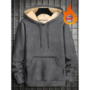 Men's Fall & Winter Warm Long Sleeve Hoodie, Plain Polyester Knit Pullover, Casual Drawstring Fleece Lined Sweatshirt, Sizes M-3xl