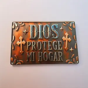 One Piece, 2D Style 'God Protect My Home' Aluminum Sign, Yard Sign, Home Decor Products - Decorative Painting with Cross and Star Design | Suitable for Outdoor Spaces & Garage, No Batteries Needed, Perfect Religious & Inspirational Gift