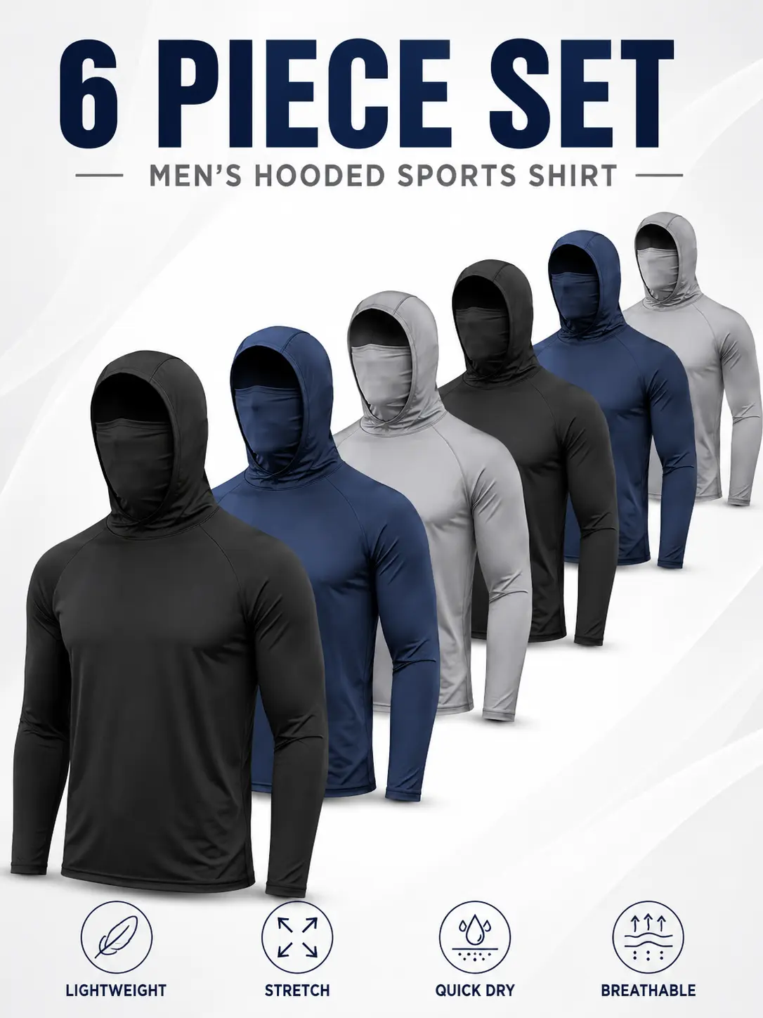Men's 6-Pack Outdoor Work Shirts with Hood and Face Cover, Breathable Lightweight Long Sleeve Shirts for Lawn Care, Gardening and Construction