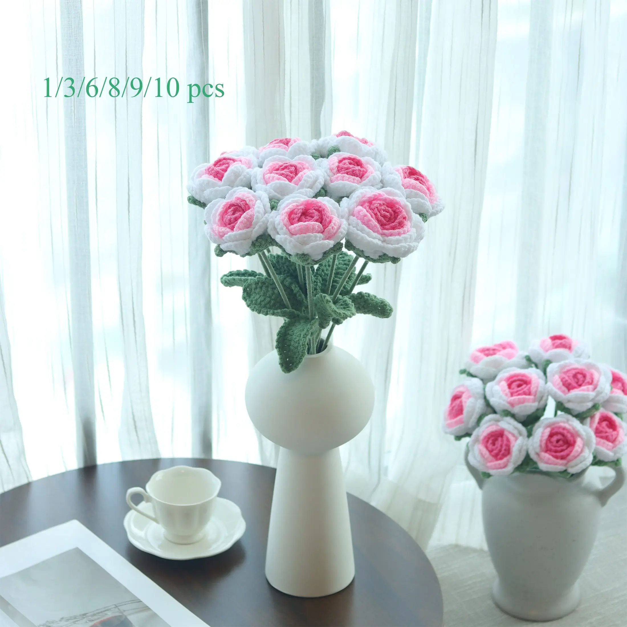 1/3/6/8/9/10 pcs Handmade Crochet Vintage Pink Rose Bouquet - Gradient Yarn Flower Arrangement with Stems for Wedding & Home Decor - Romantic Gift for Bride, Bridesmaid & Anniversary