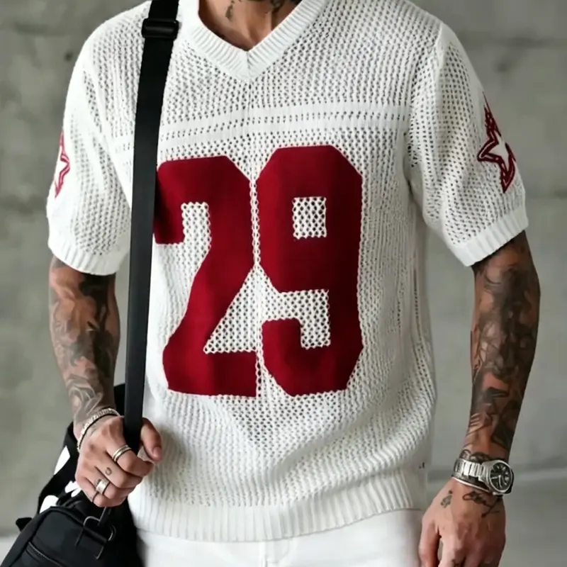 Men's Summer Sport Style Knit Sweater, Casual Streetwear Pullover, V Neck Breathable Hollow Out Digital Star Pattern, Loose-Fitting Casual Wear for Daily Sports