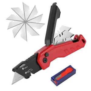 Folding Utility Knife with Aluminum Handle, 13 Extra Blades Included (Red), Quick Change Box Cutter for Cartons, Cardboard, Boxes