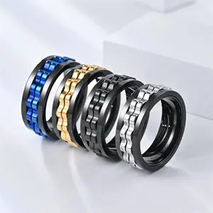 Anti Stress Stainless Steel Ring For Men Gear Chain Rotating Anxiety Relief Spinning Fidget Ring Punk Jewelry Size 6-13