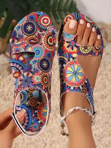 Boho Pistachio Flower Flat Sandals for Women, Flat Heel Sandals, Summer New Vintage Print Strap Open-Toe Beach Shoes, Comfortable and Stylish Footwear