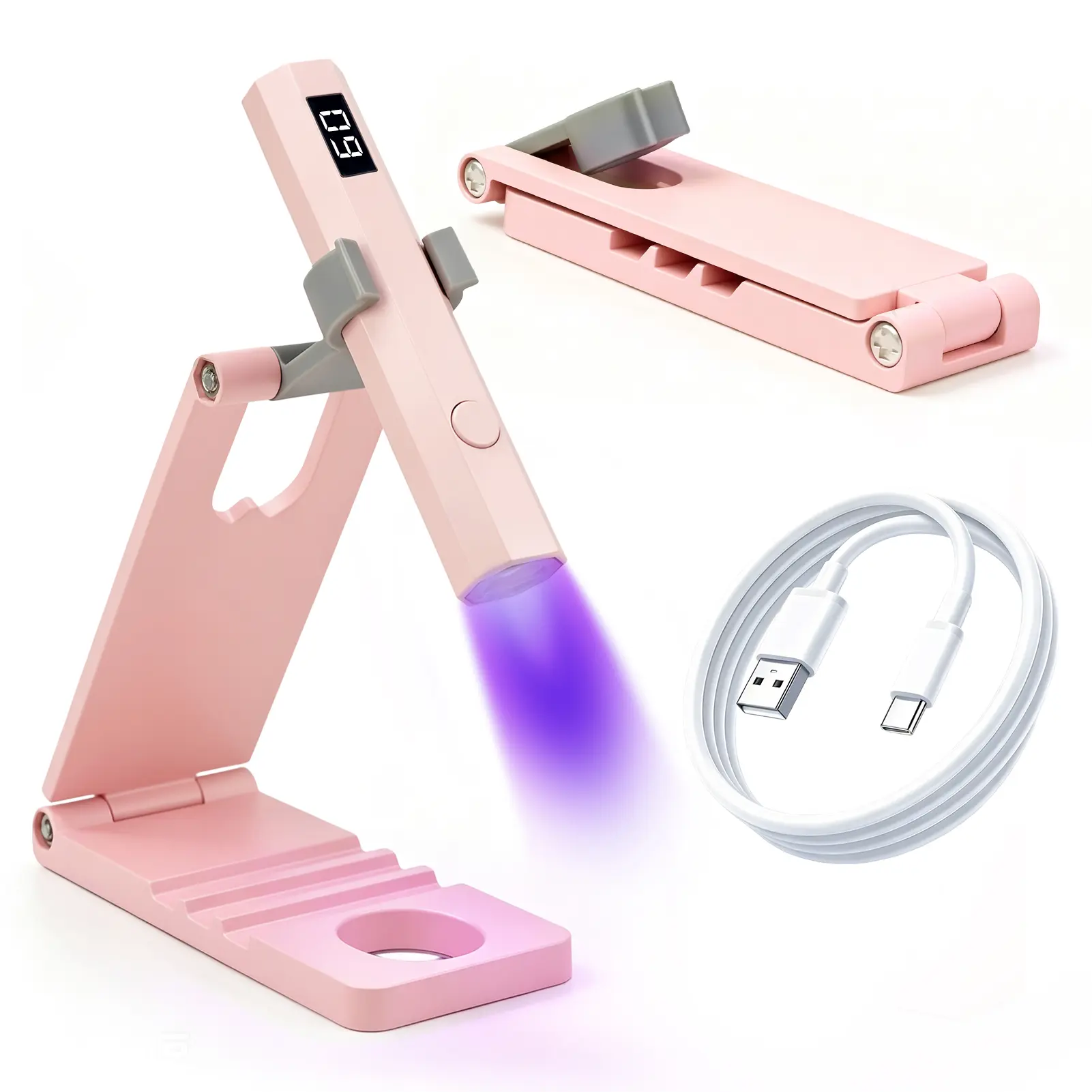 Portable Cordless Mini Handheld UV LED Nail Lamp - USB Rechargeable Manicure Supplies for Adults, 180mAh Battery, Hexagon Grip, LCD Display, 20s/60s Timing, 2 Gears, Auto Shutoff, Stand, Fast Cure, Visible Hands, Pink Nail Care UV Light Art Tool