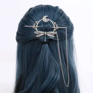 Women's Vintage Viking Dragonfly Moon Hair Pin Set, Norwegian Style Fashion Accessory for Party Use