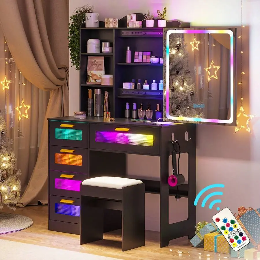 Desk,    Lights And Sliding  Mirror,  Desk  Charging Station,  Dressing Table  Stool, Set  Large Drawers&Shelves For Bedroom Vanity with makeup White wooden