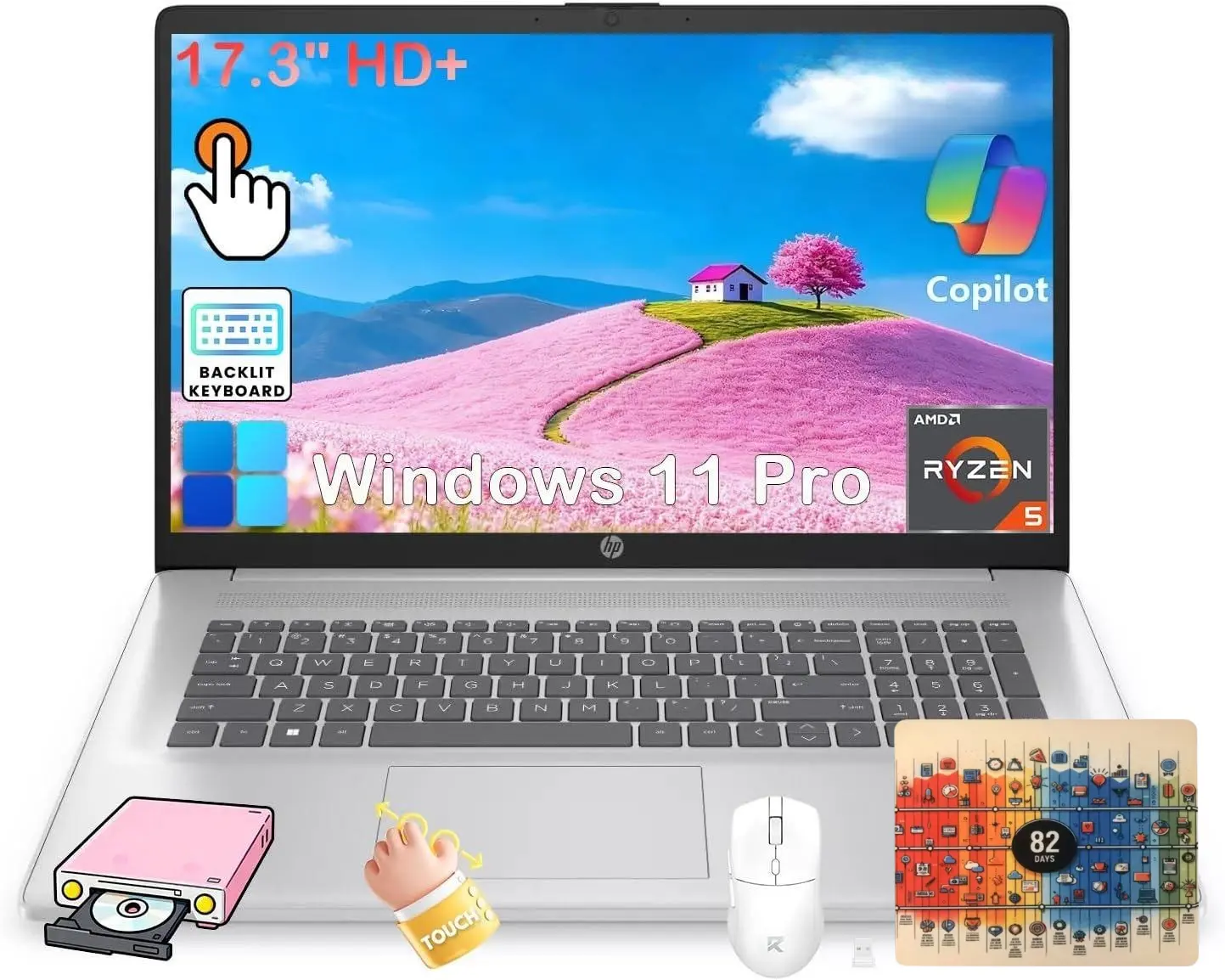 HP 17 Touchscreen Laptop Computer, AMD Ryzen 5 7430U, 17.3" HD+ AntiGlare Display, 8/16/32GB RAM, 512GB/1TB/2TB SSD, Backlit Keyboard, for Business & Student, Fast Charge, Copilot, Camera, Win11 Pro, Patented Kit