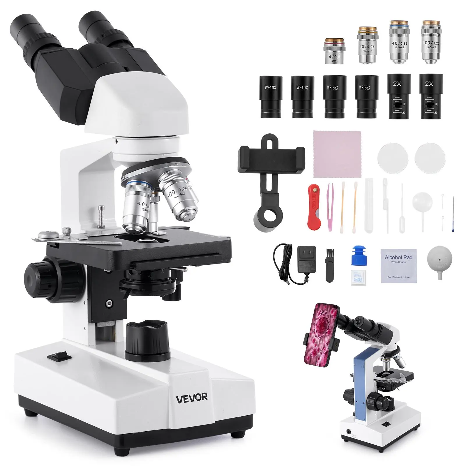 【DealsForYouDays】VEVOR Binocular Microscope, 40-5000X Magnification, Professional Compound Microscope for Adult with Dual Stage and Two Sets of Eyepieces, Aluminum Alloy Body, Includes LED Light and Phone Holder