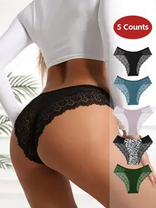 5 Pack Lace Patchwork Women's Underwear, Soft Ice Silk Low Waist Panties, All-Season Comfortable Ladies Lingerie Set