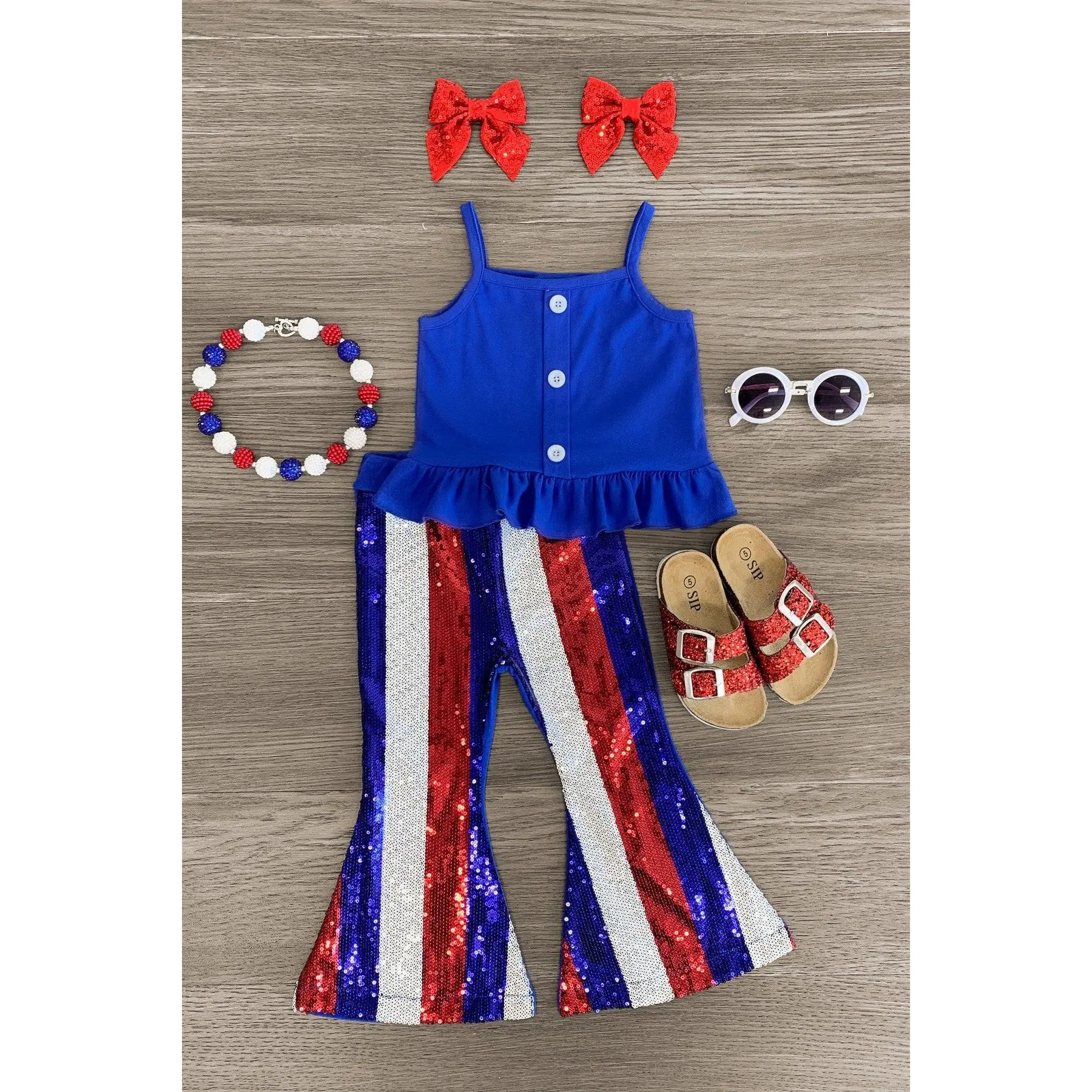 Blue Striped Sequin Bell Bottom Set