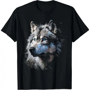 100% Cotton Alpha Wolf Shirt Fantasy Art Graphic Blue Eyes Wolf Lovers T-Shirt
