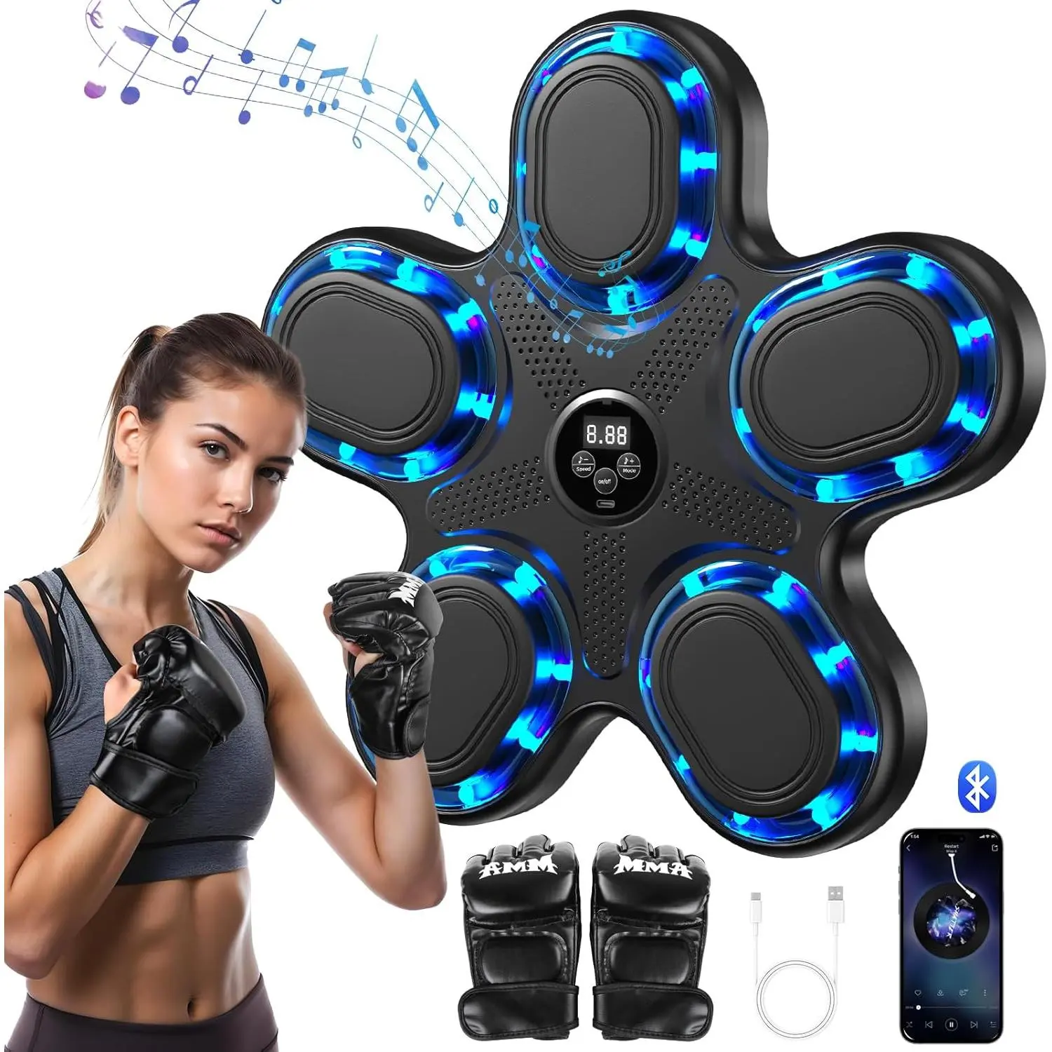 Wall-Mounted Compact Music Boxing Machine Set - Smart Bluetooth Punch Counter, Adjustable Speed Target, Included Gloves for Home Fitness Enthusiasts, Stress Relief