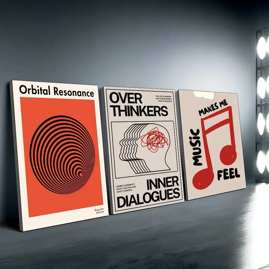 3PCS/set frameless modern space art interpretation of joyful times print, college style posters, Modern Wall Art, red and burnt orange, modern abstract opens your mind blue wave poster paper print home bedroom entrance bar cafe art painting decoration