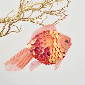 Orange Coral Shiny Scale Sequin Large Gold Fish Christmas Ornament