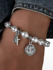 Vintage Elegant Silver Color Cross Pendant Bracelet, Faux Pearl Beaded Elastic Wristband, Men's Christian Jewelry, Party Wear, Gift, Exquisite Bracelet