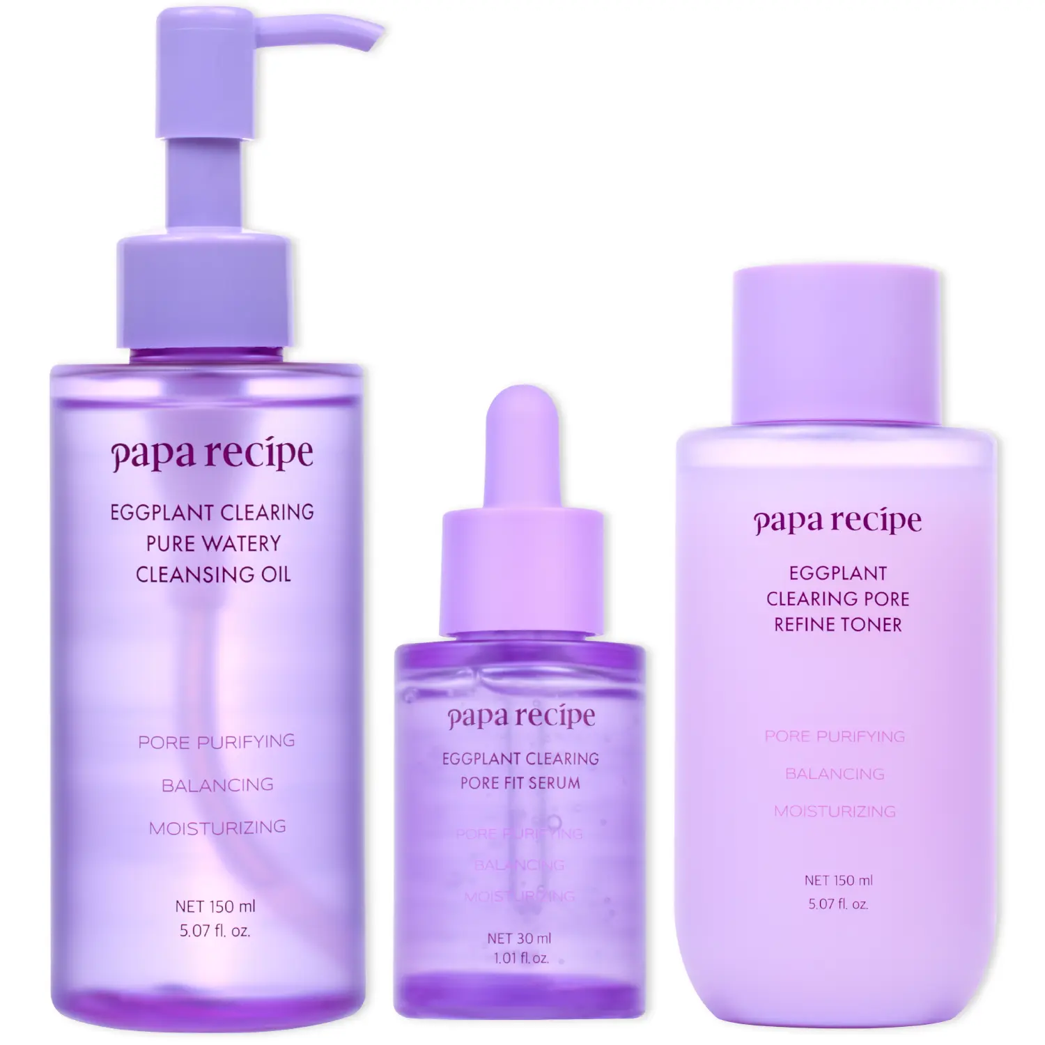 Papa Recipe Eggplant Clearing 3-Step Pore Reset Trio, Oil Cleanser, Facial Toner & Serum Set