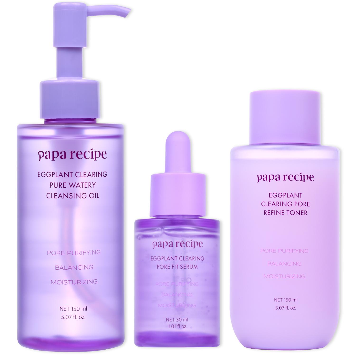 Papa Recipe Eggplant Clearing 3-Step Pore Reset Trio, Oil Cleanser, Facial Toner & Serum Set