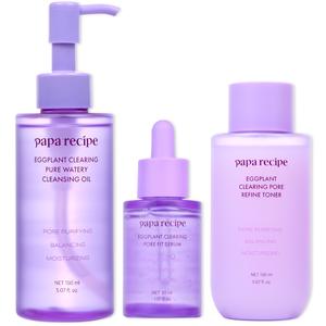 Papa Recipe Eggplant Clearing 3-Step Pore Reset Trio, Oil Cleanser, Facial Toner & Serum Set