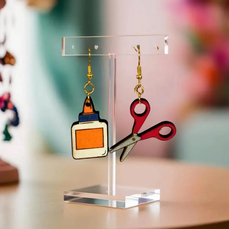 Kitschy Glue & Scissor Earrings, Laser Cut Wood, Teacher Gift