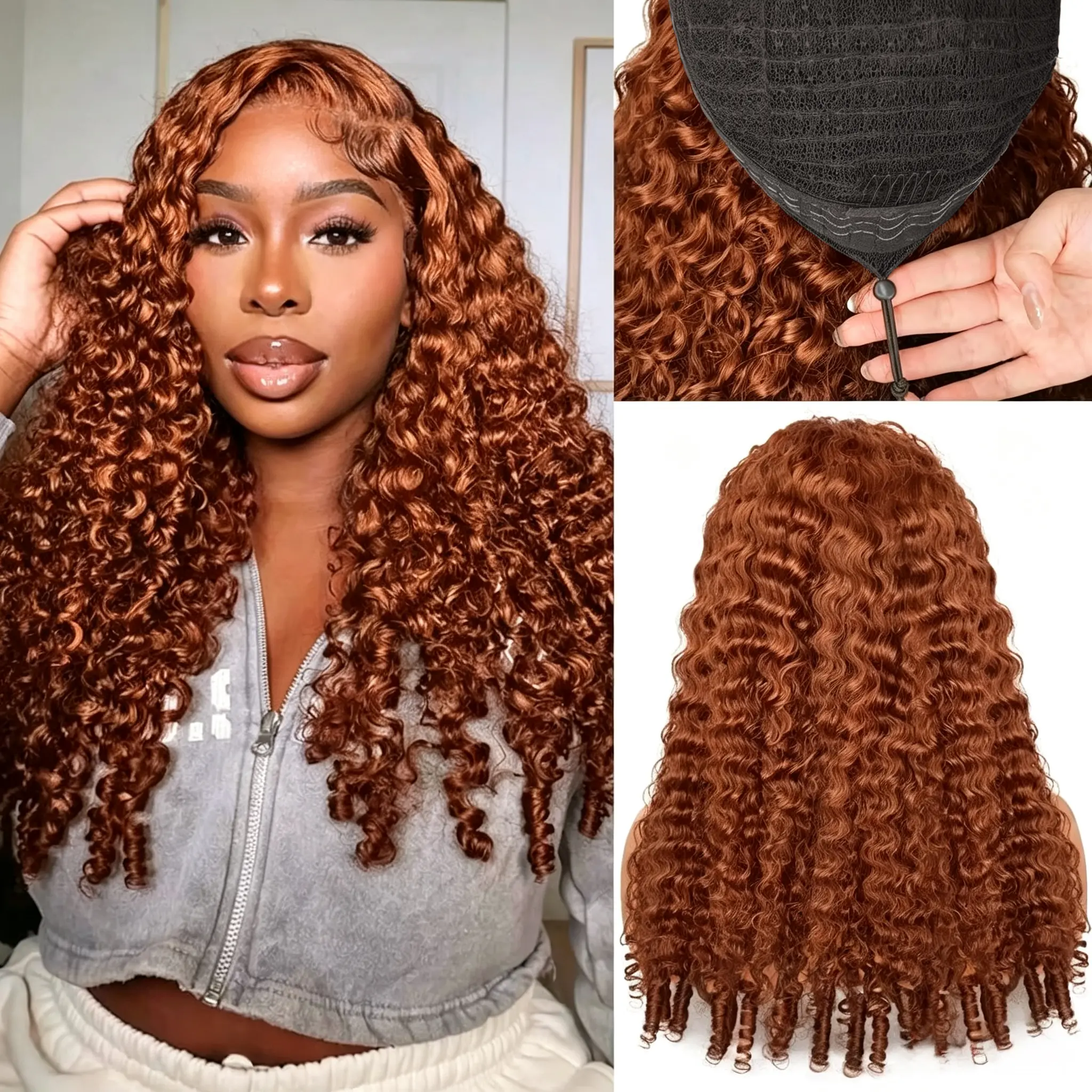 Reddish Brown 13x6 Glueless Lace Wig with Drawstring 180% Density Burmese Curly Human Hair Wigs Pre Plucked Transparent Lace Burmese Virgin Hair Wigs