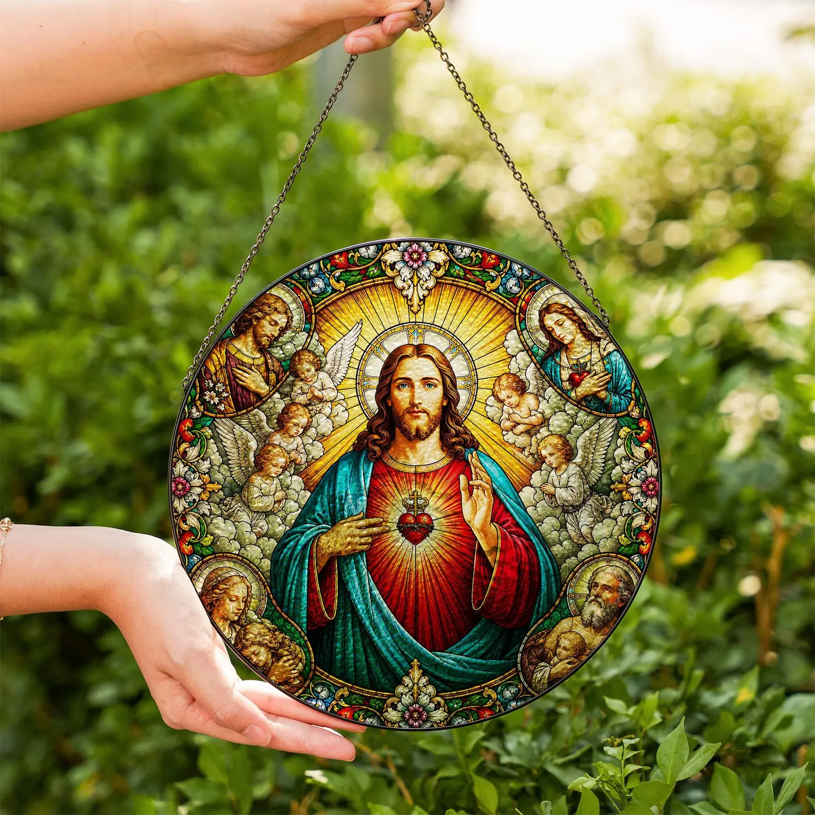 [Made in US] Sacred Heart Jesus Stained Glass Suncatcher, Christian Window Hanging Decor with Mary, Joseph, Angels and Holy Family Art