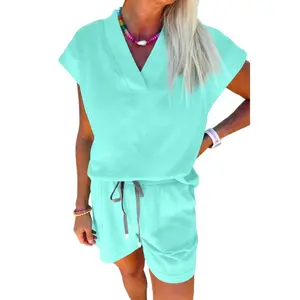 Women's Mint Green 2-Piece Set – V-Neck Short Sleeve Top and High Waist Drawstring Shorts, Casual Summer Outfit