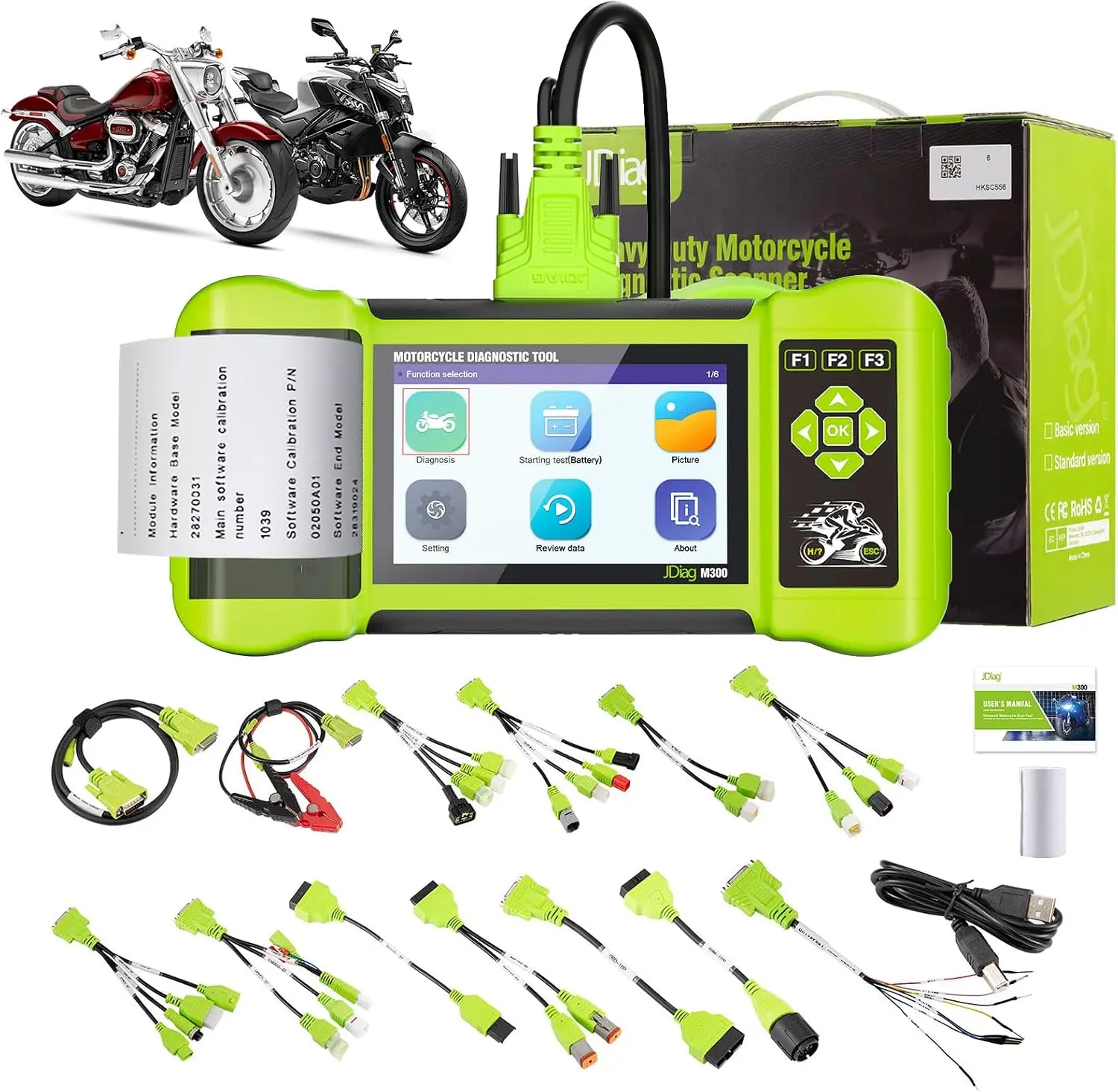 Motorcycle Diagnostic Scanner M300, Motorbike Fault Code Reader with Printer, Battery Tester, Read & Clear Engine Fault Codes