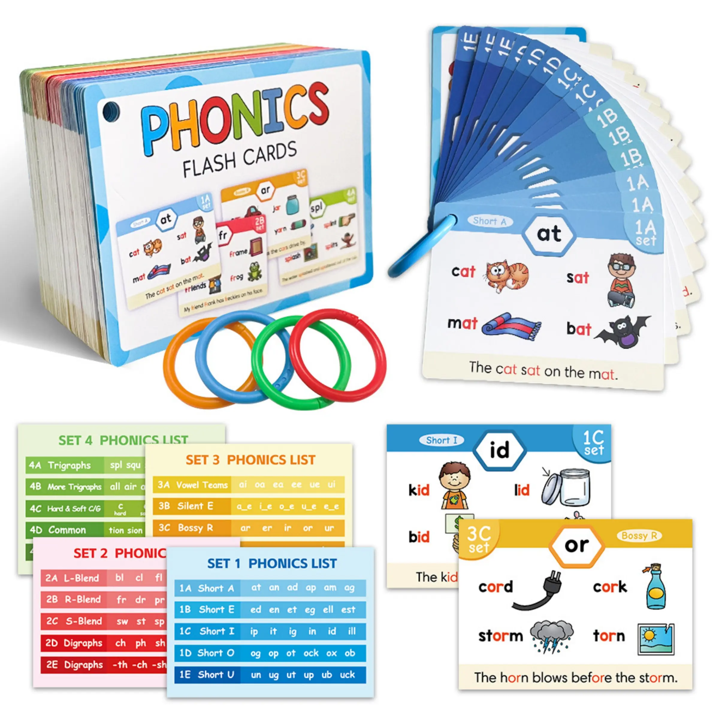 Phonics Flash Card Set, 65 Sheets 118 Sets Spelling Learning Word List, Vocabulary Building Aids for Pronouncing Rhyming Words