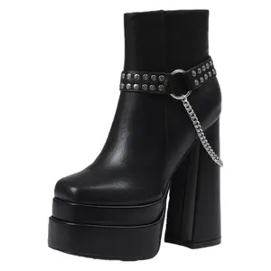 Women's Fashion Ankle Boots Platform Chunky High Heel Chain Decor Zip Combat Goth Shoes Black PU with Studs