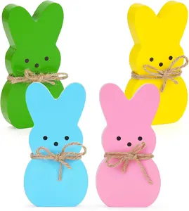 4 Pcs Bunny Table Decorations Wooden Spring Signs for Home, Wood Rabbit Tiered Tray/Mantal Décor for Farmhouse or Office Party Supplies