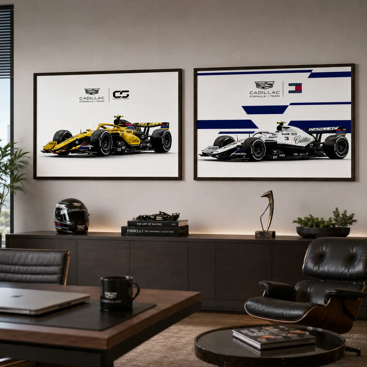 Cadillac F1 Formula Racing Car Canvas Poster, Yellow & White Race Car Wall Art For Garage Man Cave Sports Room Decor