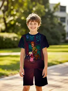 Boys' 3D Short Sleeve Set, Scooby-Doo Hero Ghost House Adventure Fun Cartoon Print, Summer, Outdoor Wear, Birthday Gift