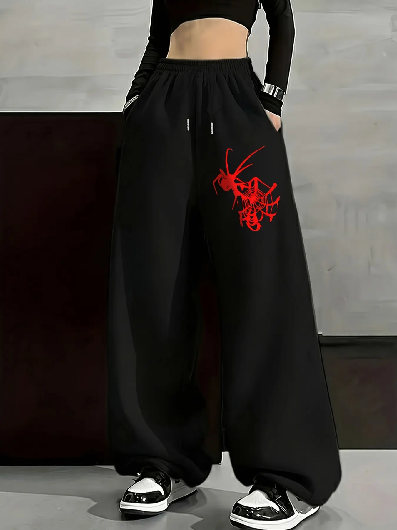 American Street Style Spider Web Print, Women's Casual Sporty Loose Baggy Straight Pants, Elastic Waist Drawstring Wide Leg Long Pants, All Seasons