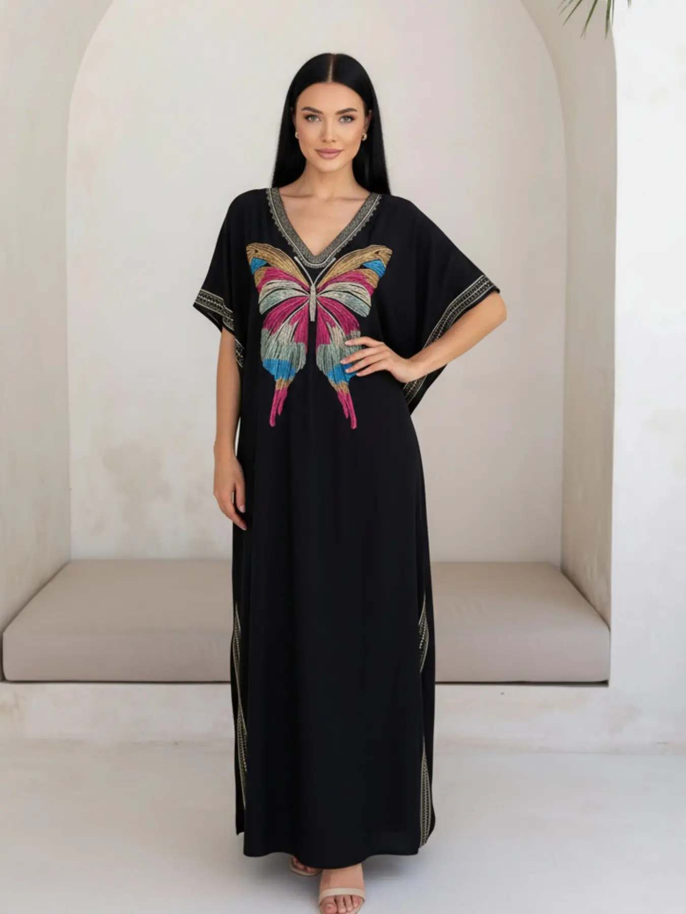 Women's Embroidered Caftan, Luxurious Arabic Style, Loose Fit Comfortable Maxi Dress, All-Season Wear, Ideal for Home & Leisure, Kaftan