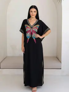 Women's Embroidered Caftan, Luxurious Arabic Style, Loose Fit Comfortable Maxi Dress, All-Season Wear, Ideal for Home & Leisure, Kaftan