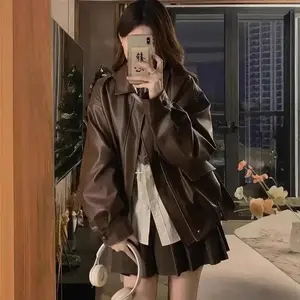 Maillard brown motorcycle leather jacket women 2025 new spring and autumn American retro windproof jacket coat