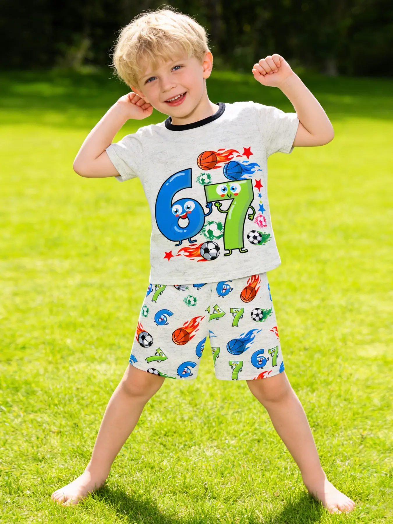 Boys Short Sleeve Shorts Pajama Set, Basketball Football Print, Cartoon Print Pajama, Casual Soft Comfortable Home Wear, Suitable for Sleeping and Playing, Soft Casual Pajamas, All Seasons Pajamas, Cartoon Print Sleepwear, Cartoon Pattern Pajamas
