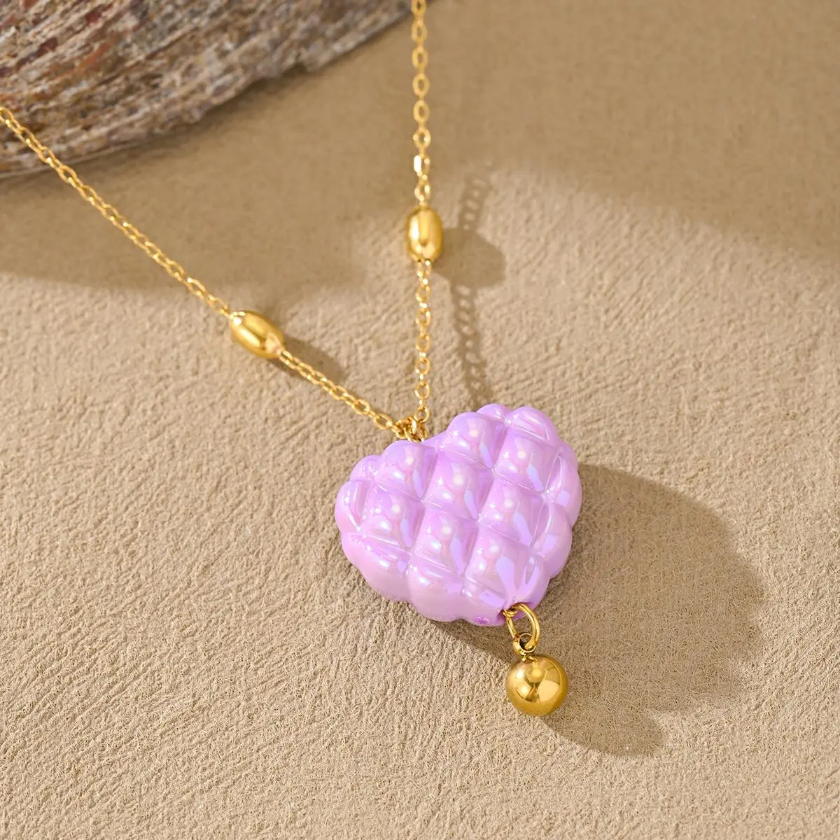 Women's Purple Plaid Heart Pendant Stainless Steel Chain Necklace, Costume Jewelry for Casual Parties & Beach Vibes, Beach Boho Statement Accessory, Beach Boho Necklace