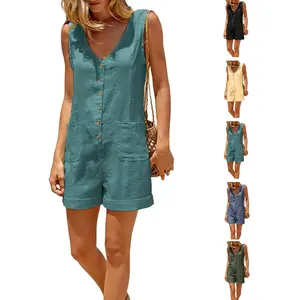 UANEO Women Cotton Linen Romper Sleeveless V Neck Button Down Wide Leg Short Overalls Adjustable Back Tie Casual One Piece with Pockets SpringSummer Outfit