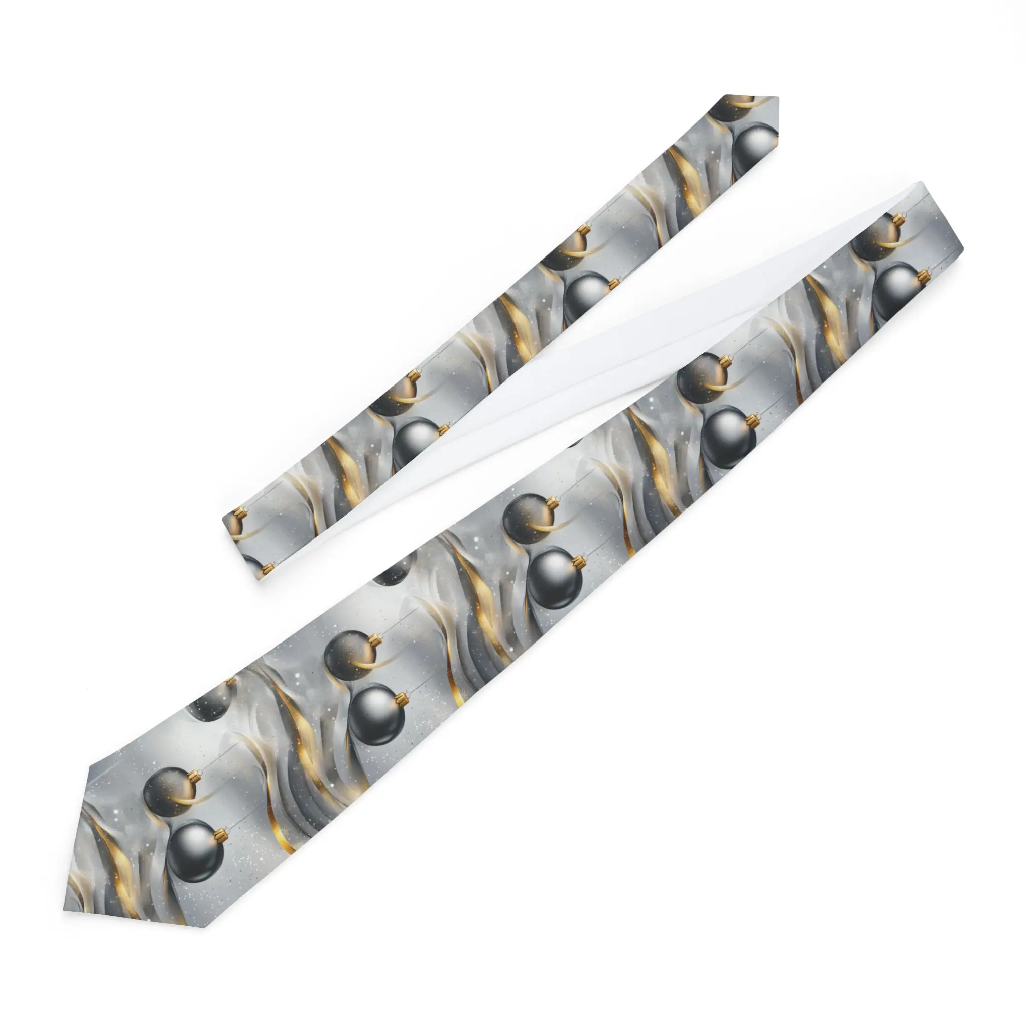Silver & Gold Elegance: Luxury Christmas Necktie Featuring Classic Bauble and Ribbon Design