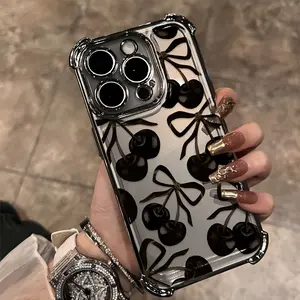 Stylish Korean Cherry Pattern Four Corner Anti-Fall Phone Case Transparent Electroplated Protective Cover for IPhone 16 Pro Max 15 Plus 14 13 12 11 E