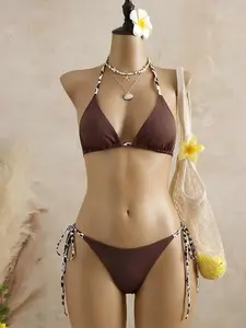 Women's Solid Color Triangle Bikini Set, Two-Piece Swimsuit, Fashionable Comfort Design, Perfect for Beach and Pool Use, Bikini Swimsuits, Triangle Bikini Top