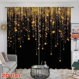 2D Flat 2Pcs Shimmering Gold Glitter String Lights Curtains, Sparkle Effect Drapes, Rod Pocket Style, Semi Sunshade, for Modern Living Room Bedroom Dining Decor, Elegant Home Window Treatment, Privacy Protection, Temu Hot Sale.