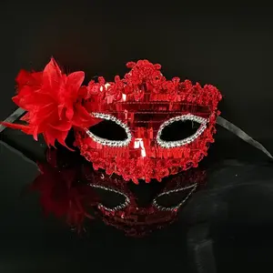 Women's Elegant Princess-like Party Mask - Pointed Front with Side Floral Accents, Multi-Color Options (Red/Pink/Black/Purple/Teal/Blue), Sparkling Sequins for Prom, Masquerade, Pho Shoots - Formal Event Costume Accessory, Masquerade Ball, Detailed Crafts