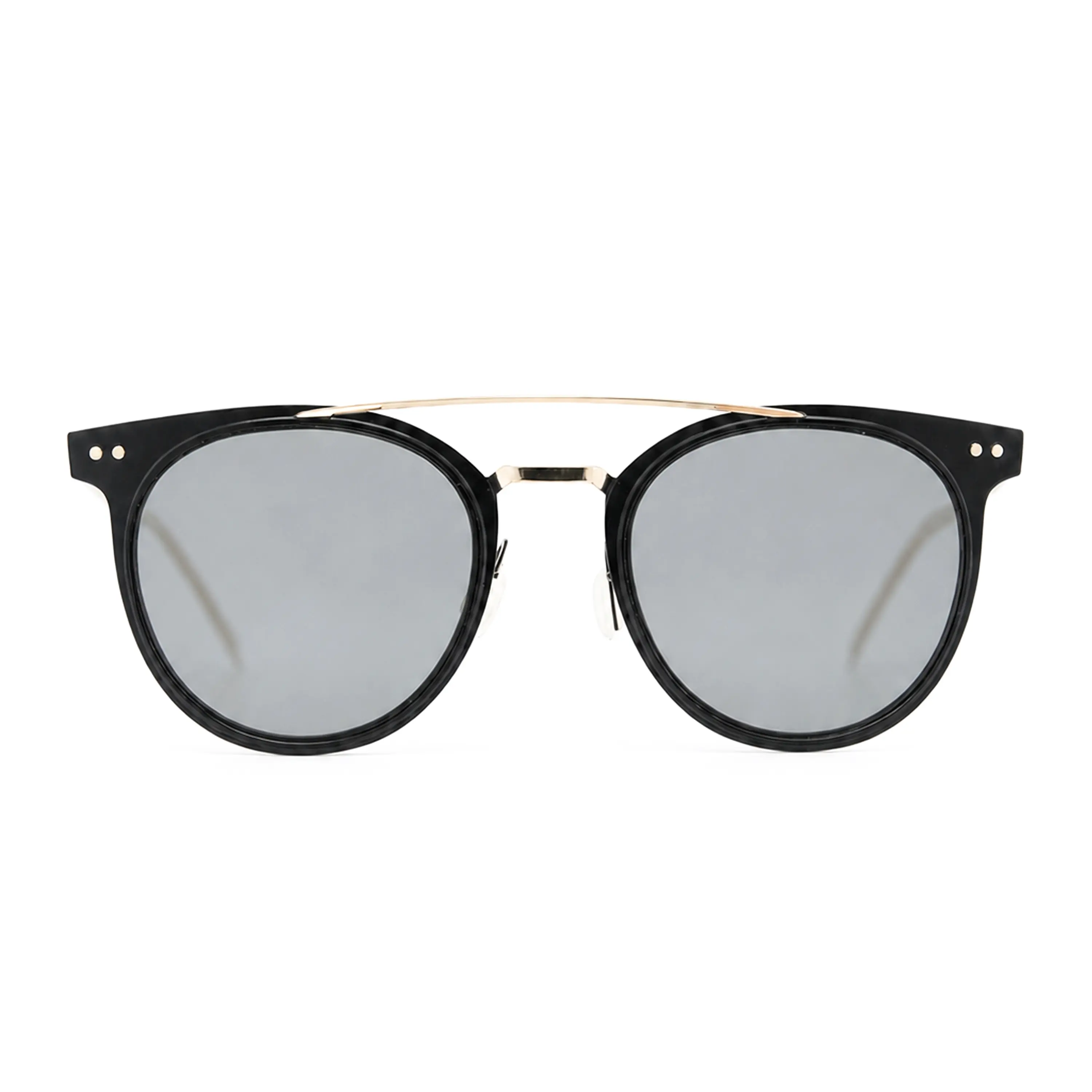 Polarized Retro Round Sunglasses for Men and Women, UV400 Gray PC Lenses, Lightweight Black Frame with Gold-Tone Double Bridge, Unisex Eyewear with Navy Canvas Zipper Case