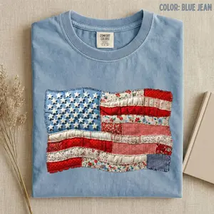 Comfort Colors Faux Patchwork American Flag Shirt, Vintage Faux Quilted USA Graphic Tee, 250th Years Patriotic Fourth Of July